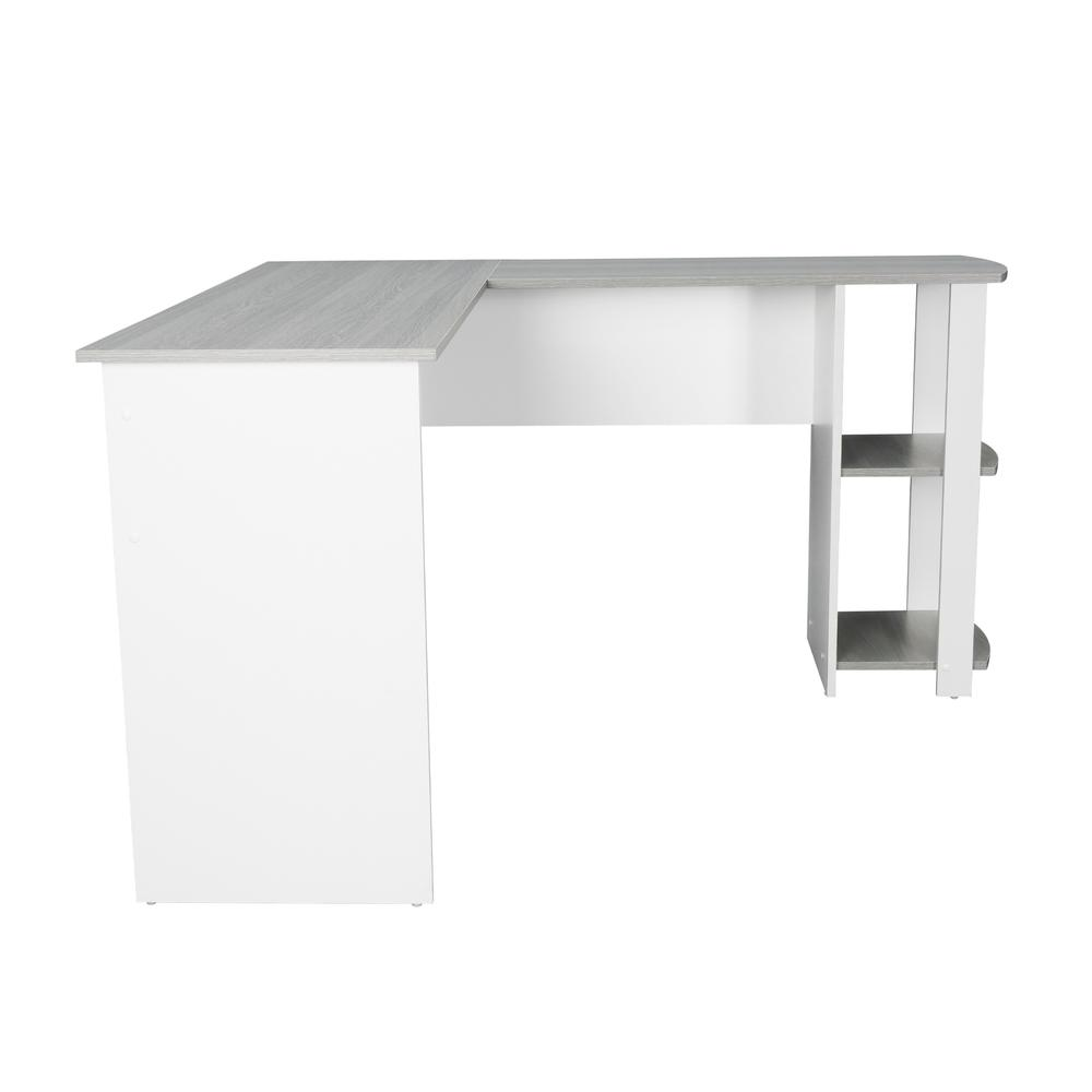 Modern grey Techni Mobili L-shaped desk with side shelves, featuring a sleek design and ample workspace for home or office.