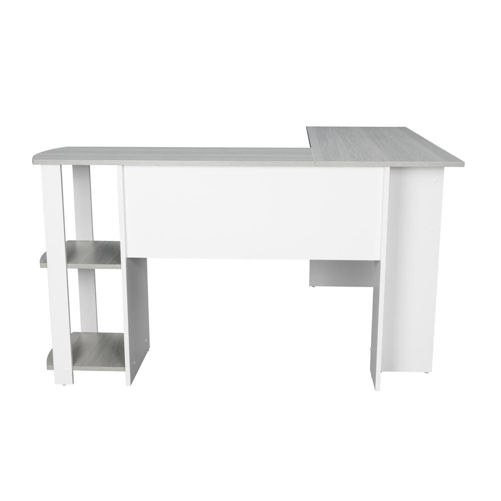 Techni Mobili modern grey L-shaped desk with side shelves, featuring a sleek design and ample workspace for home or office use.