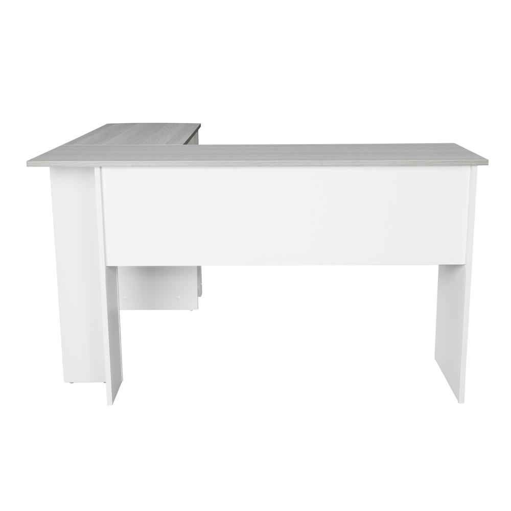 Start2Finish Techni Mobili modern L-shaped desk with side shelves in grey, featuring a sleek workspace with organized storage.
