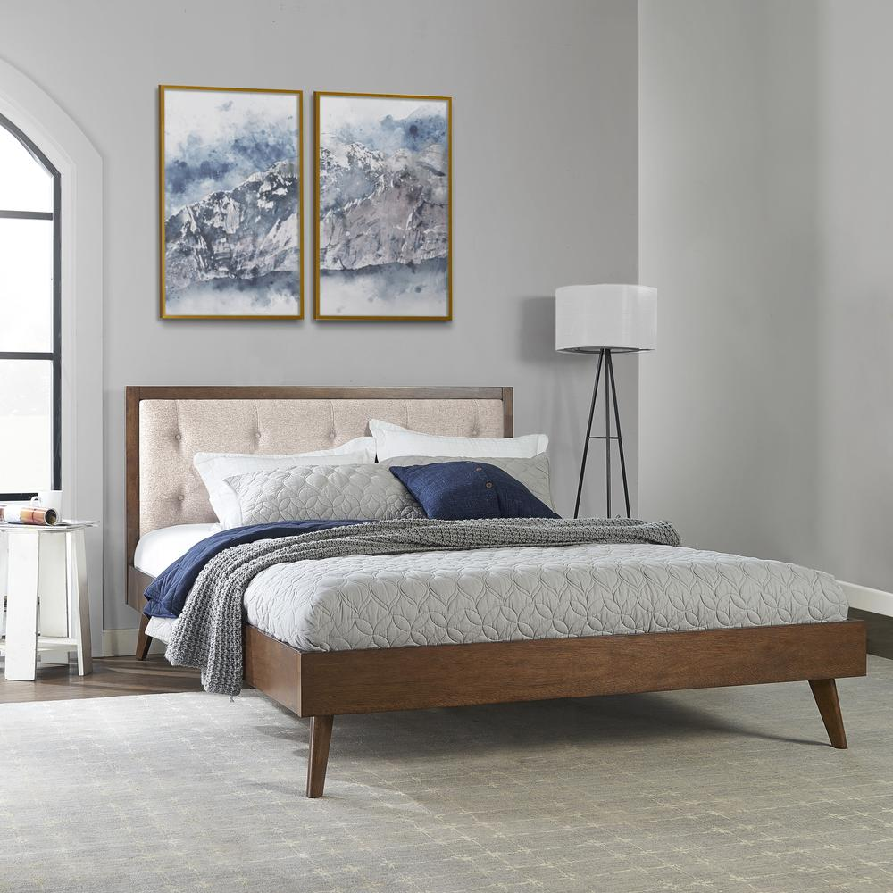Reid Mid Century Oatmeal Platform Queen Bed by Start2Finish with wooden frame and upholstered headboard, shown in a bedroom setting.