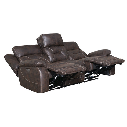 Start2Finish Aria Power Recliner Sofa in brown fabric, showcasing plush cushions and reclining mechanism for comfortable seating.