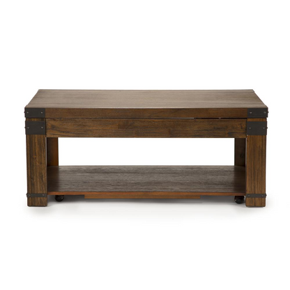 Start2Finish Arusha Lift Top Cocktail Table with wood finish, showcasing its lift mechanism and spacious tabletop for living room use.