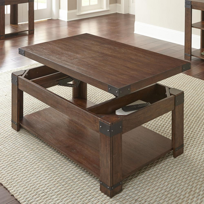 Start2Finish Arusha Lift Top Cocktail Table with wood finish and storage compartment, showcasing its lift-up top design.