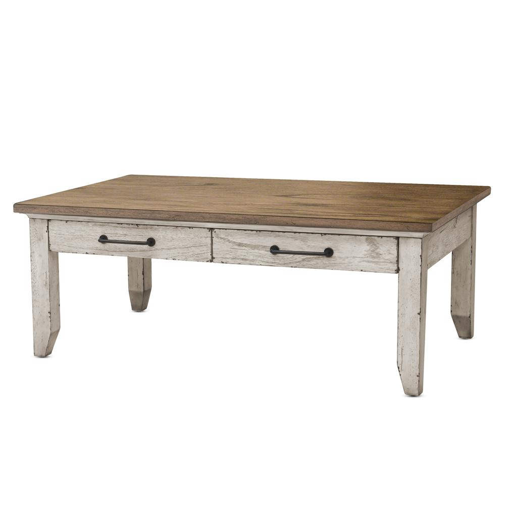 Start2Finish Bear Creek Cocktail Table with a sleek wooden surface and sturdy metal legs, ideal for modern living room decor.