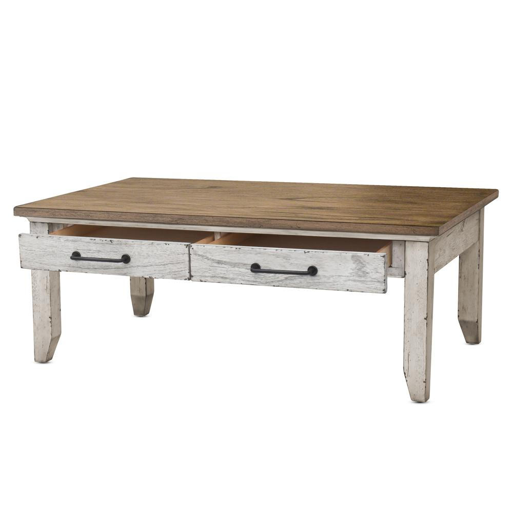 Start2Finish Bear Creek Cocktail Table with wooden surface and sturdy metal legs, modern furniture piece for living room decor.