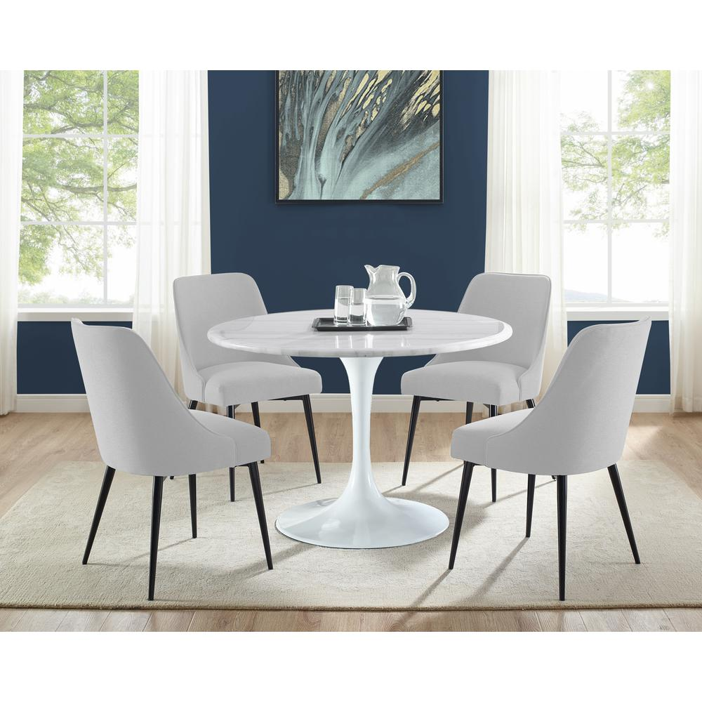 Start2Finish Colfax Side Chair in stone fabric with wooden legs, showcasing a modern, cushioned dining chair design.