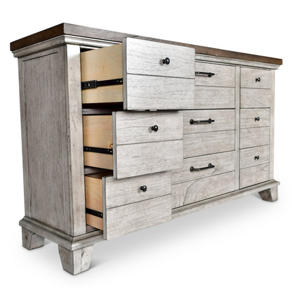 Start2Finish Bear Creek dresser with matching mirror, wooden bedroom furniture featuring multiple drawers and a sleek finish.