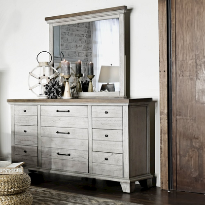 Start2Finish Bear Creek dresser with mirror, featuring wooden drawers and a matching mirror, showcasing a modern bedroom furniture set.