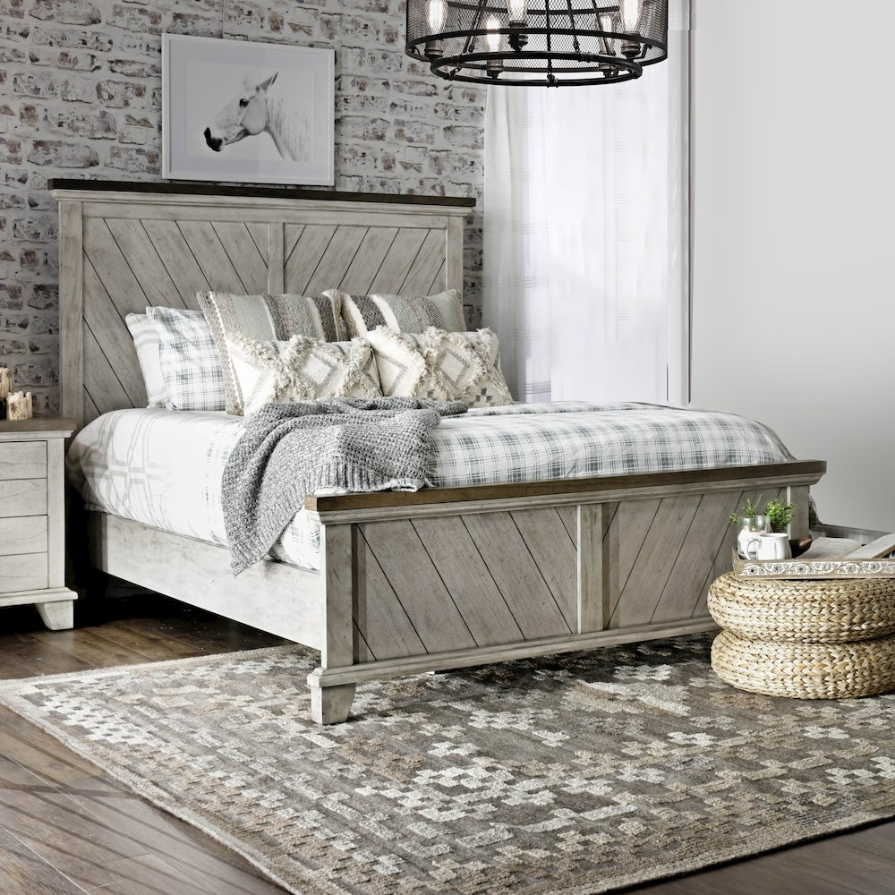 Start2Finish Bear Creek Queen Bed with wooden frame and headboard, shown in a modern bedroom setting.