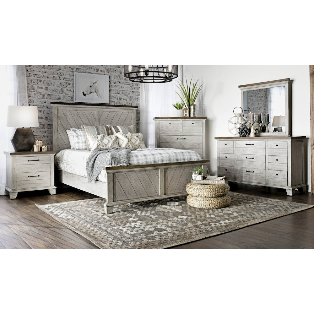 Start2Finish Bear Creek Queen Bed with wooden frame and upholstered headboard, showcasing its stylish and sturdy design.
