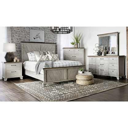 Start2Finish Bear Creek Queen Bed with wooden frame and upholstered headboard, showcasing its stylish and sturdy design.