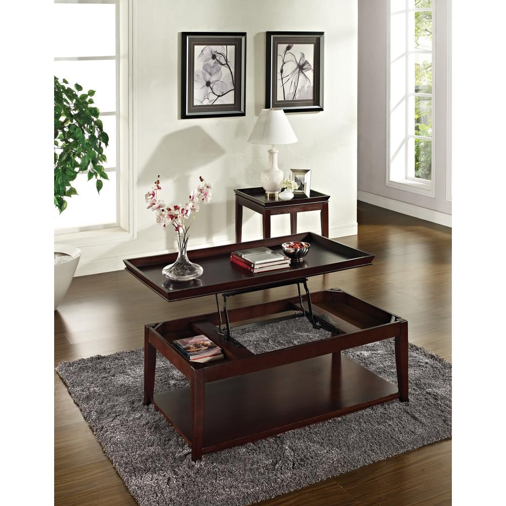 Start2Finish Clemson lift-top cocktail table with wooden finish, featuring a functional lift-top design for versatile living room use.