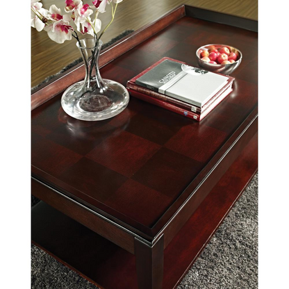 Start2Finish Clemson lift top cocktail table with wood finish and storage compartment, ideal for living room decor.