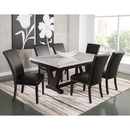 Pair of black PU side chairs by Start2Finish, modern Finley design with sleek, cushioned seats and sturdy metal legs.