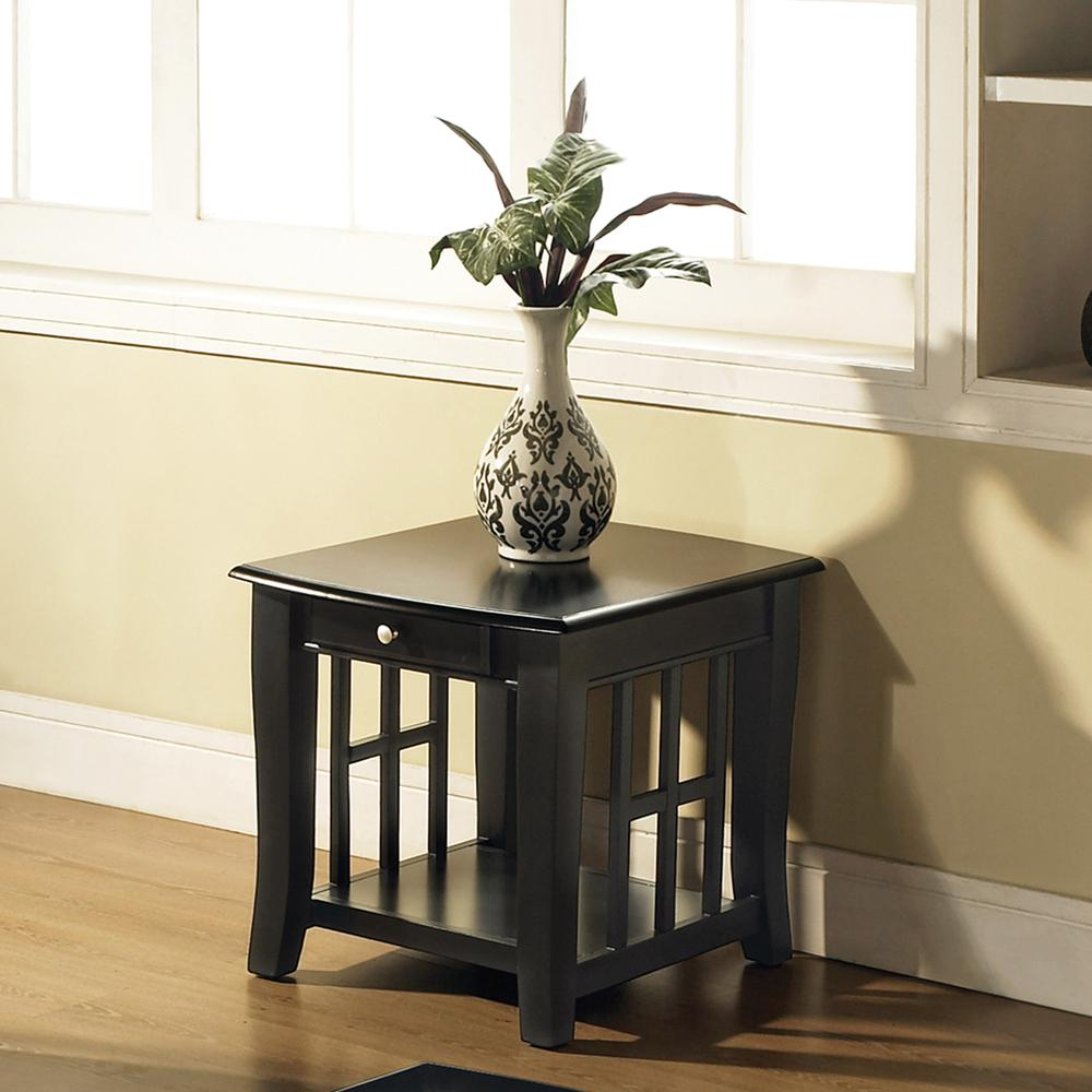 Start2Finish Cassidy end table with a 23x28x23 inch wooden surface and modern design, shown in a contemporary living room setting.