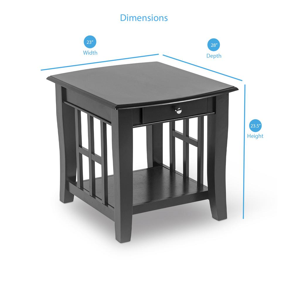 Start2Finish Cassidy end table with a 23x28x23 inch wooden surface and modern design, shown in a well-lit living room setting.