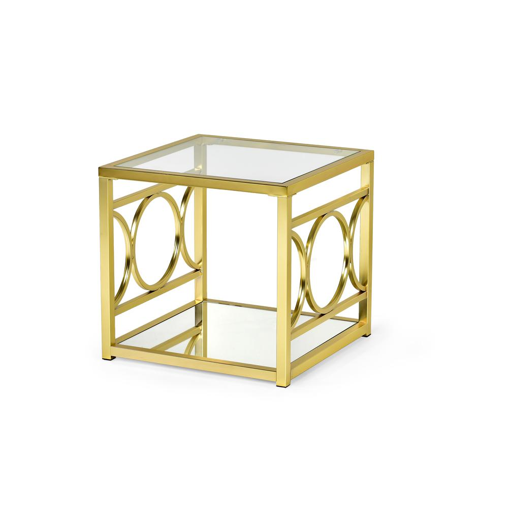 Start2Finish Olympia gold end table with a sleek metal frame and round tabletop, stylish accent piece for living room decor.