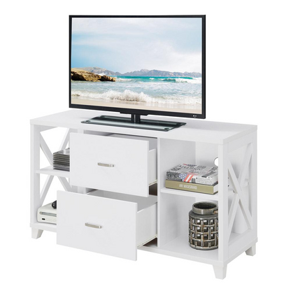 White Oxford Deluxe 2 Drawer TV Stand by Start2Finish with shelves for TVs up to 55 inches, stylish and functional entertainment furniture.