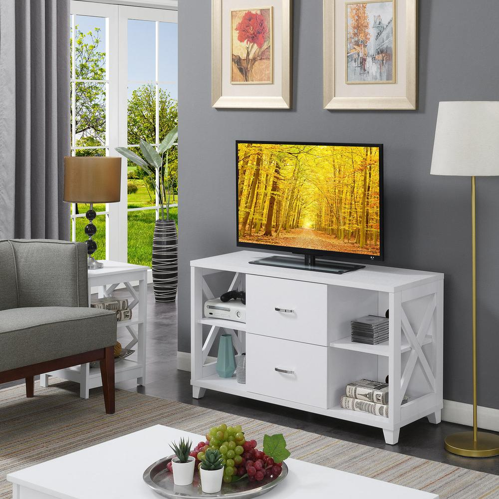 White Oxford Deluxe 2 Drawer TV stand with open shelves for TVs up to 55 inches, by Start2Finish.