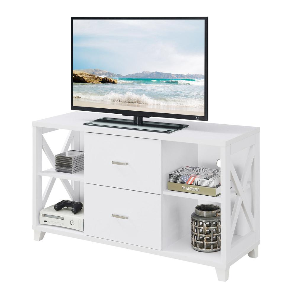 Start2Finish Oxford Deluxe white TV stand with two drawers and open shelves, suitable for TVs up to 55 inches.