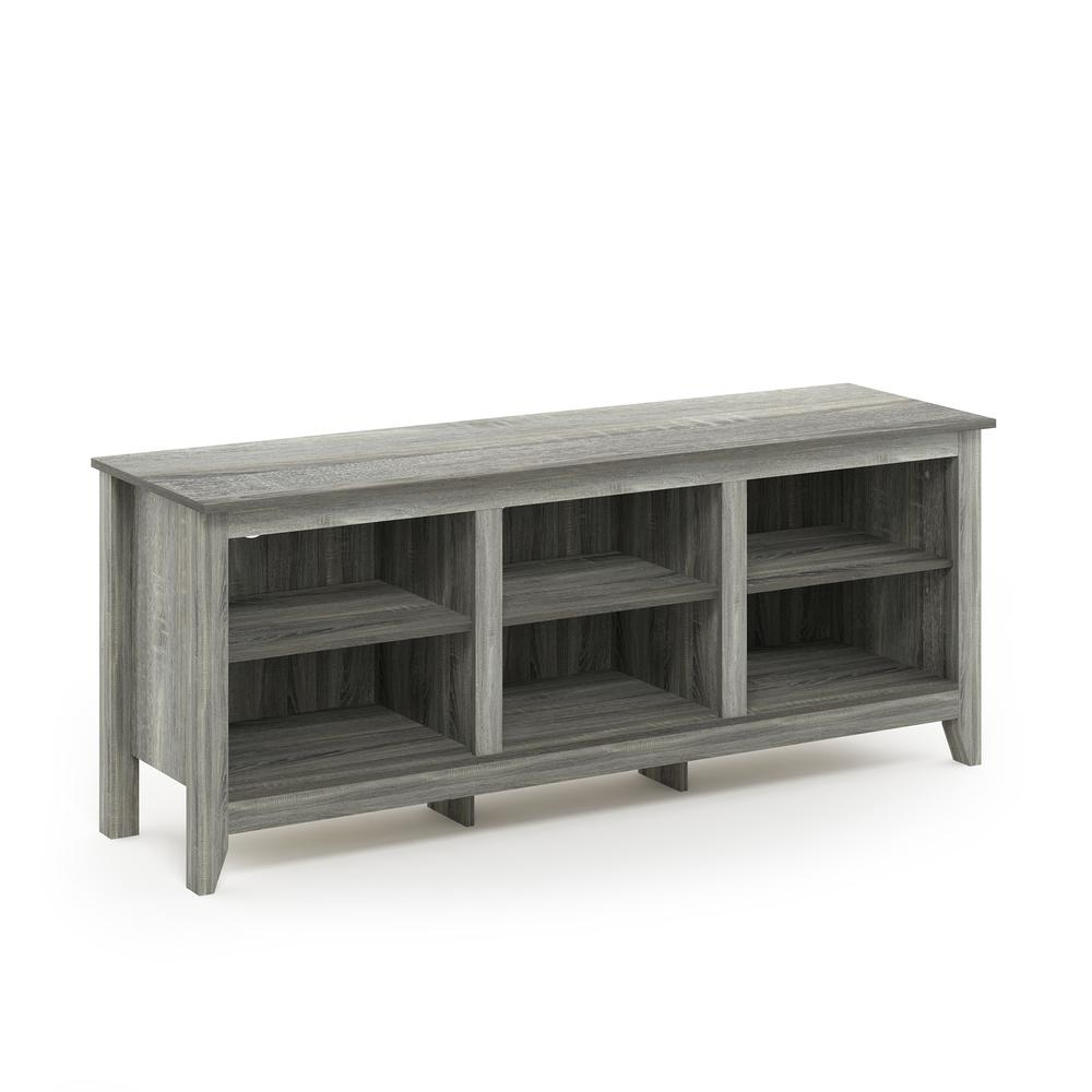 Furinno Jensen TV stand with shelves in French Oak Grey, designed for 60-inch TVs, showcasing modern furniture with open storage.