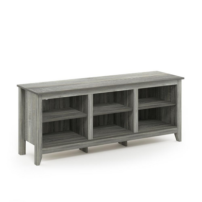 Furinno Jensen TV stand with shelves in French Oak Grey, designed for 60-inch TVs, showcasing modern furniture with open storage.