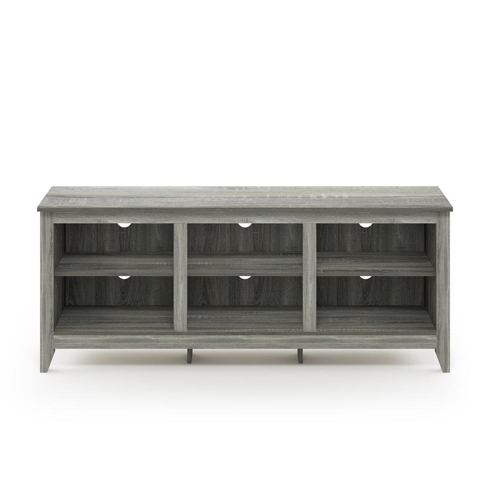 Furinno Jensen TV stand with shelves in French Oak Grey, designed for TVs up to 60 inches, by Start2Finish.