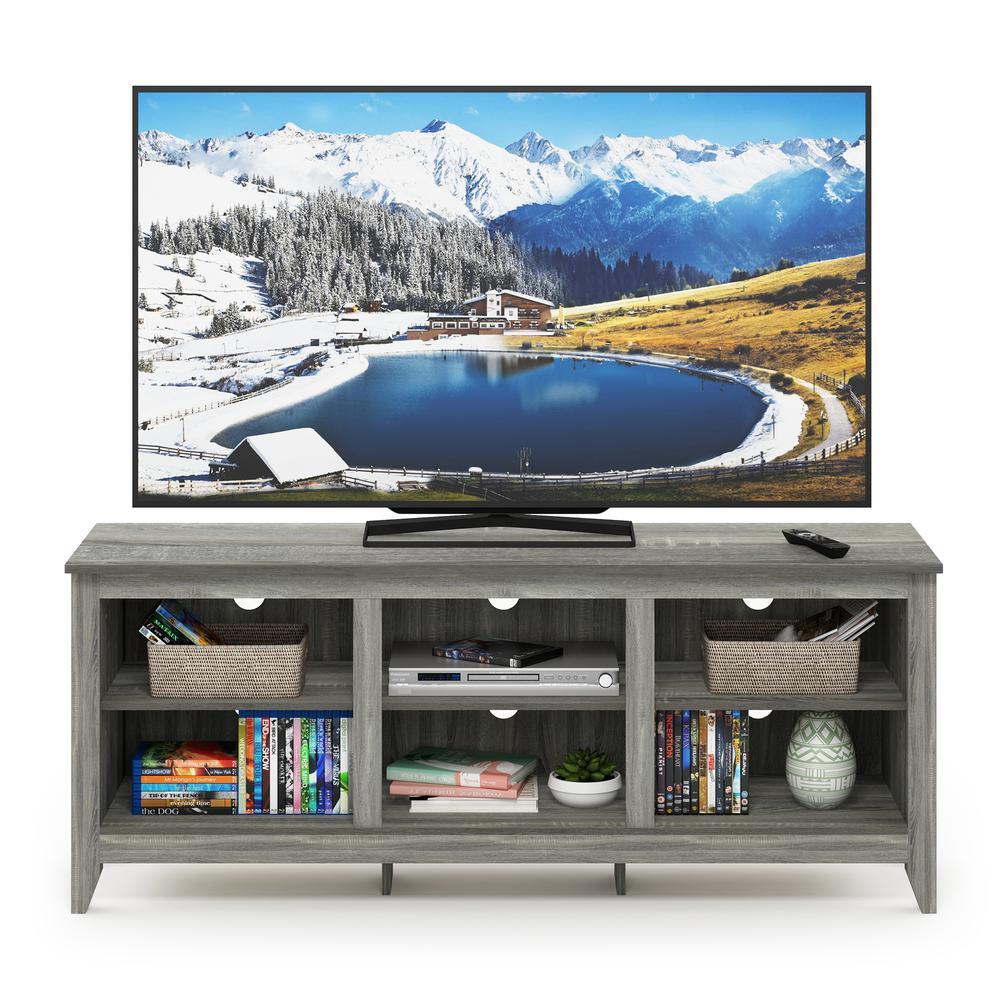 Furinno Jensen TV stand with shelves in French Oak Grey, designed for TVs up to 60 inches, featuring modern furniture style.