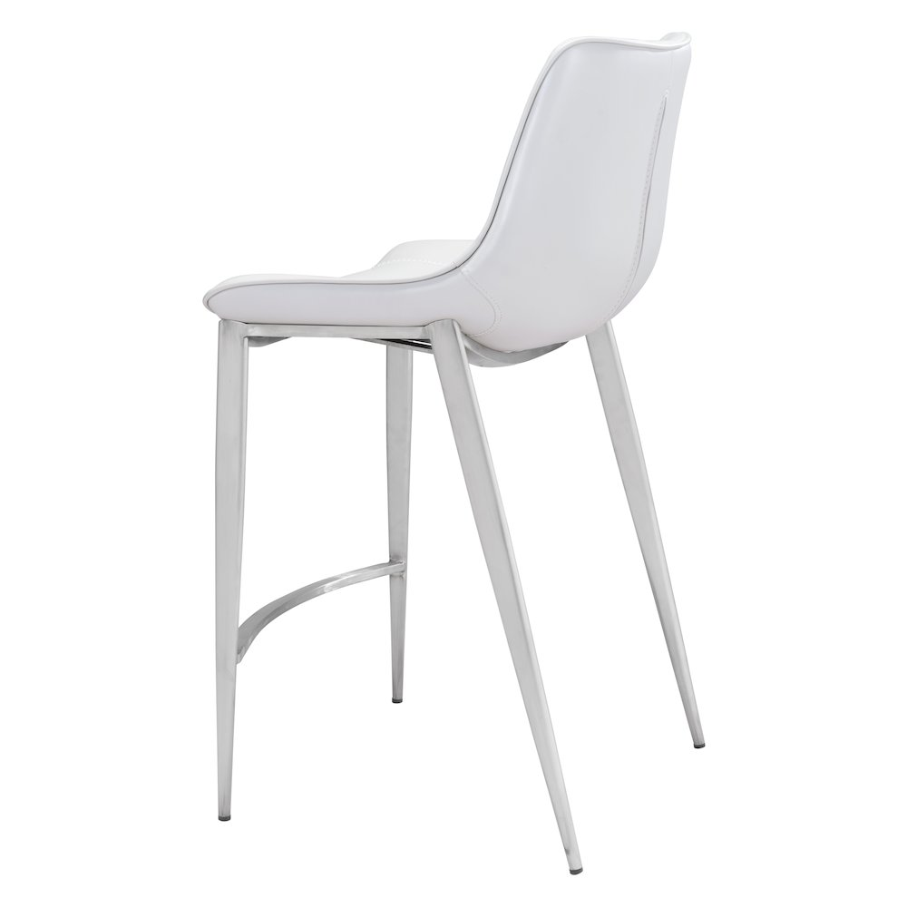 Set of two Magnus counter stools by Start2Finish in white and silver with modern metal frames and cushioned seats.