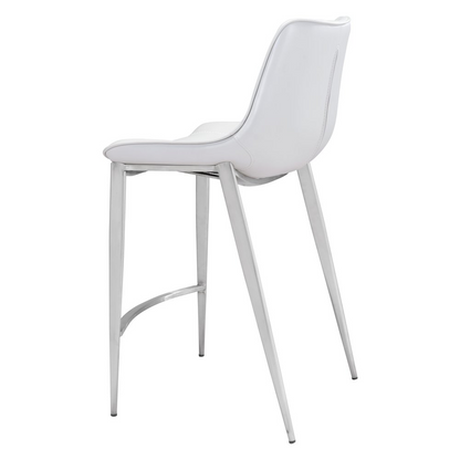 Set of two Magnus counter stools by Start2Finish in white and silver with modern metal frames and cushioned seats.
