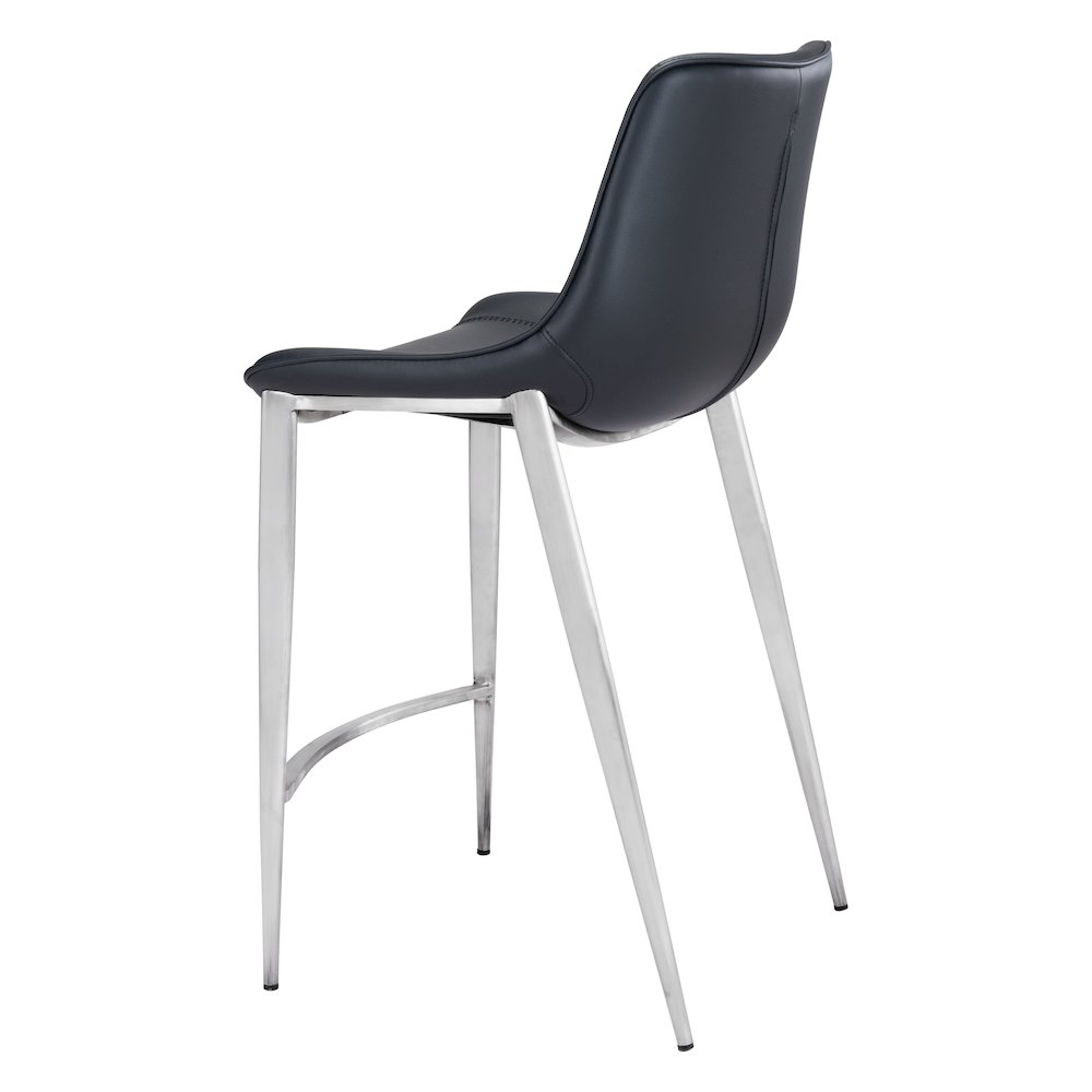 Pair of Start2Finish Magnus counter stools in black and silver with metal legs and cushioned seats, set of two for kitchen or bar area.
