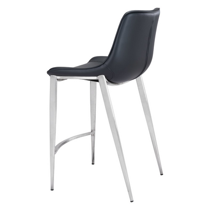 Pair of Start2Finish Magnus counter stools in black and silver with metal legs and cushioned seats, set of two for kitchen or bar area.