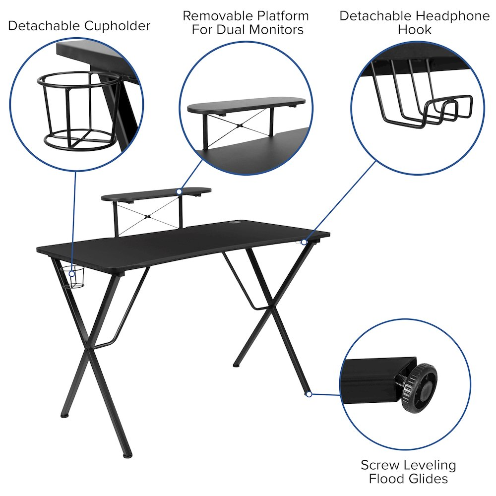 Black gaming desk with cup holder, headphone hook, and monitor and smartphone stands, designed for gaming and workstation setup.