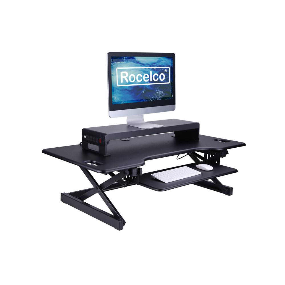 Start2Finish Rocelco 30-inch dual monitor stand with cable management, keyboard shelf, USB charging ports, and black metal finish.