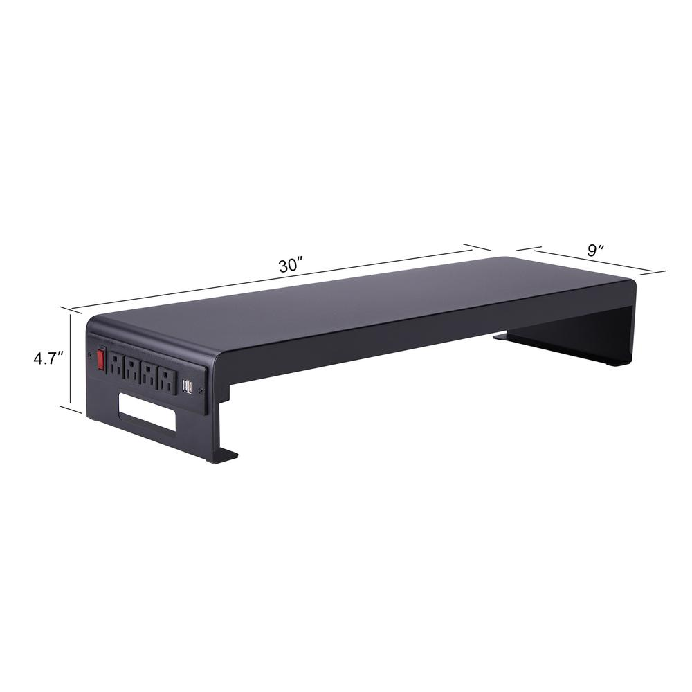 Start2Finish Rocelco 30-inch dual monitor stand with metal riser, keyboard shelf, cable management, USB ports, and black finish.