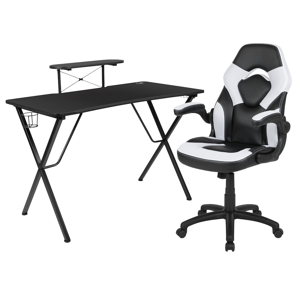 Start2Finish black gaming desk with white and black racing chair, modern furniture set for gaming and office use.