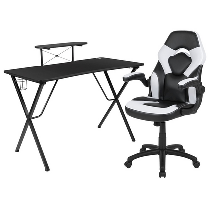Start2Finish black gaming desk with white and black racing chair, modern furniture set for gaming and office use.