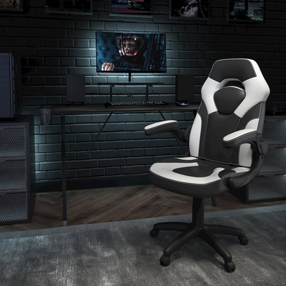 Start2Finish black gaming desk with white and black racing chair, modern furniture set for gaming and office use.
