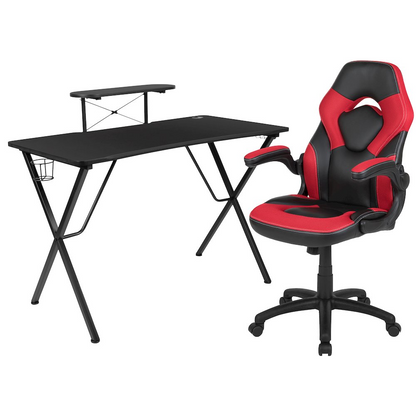 Black gaming desk and red/black racing chair set by Start2Finish, featuring a sleek gaming workspace and ergonomic chair.