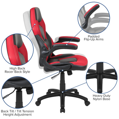 Black gaming desk with sleek surface paired with a red and black racing chair, ideal for gaming and work setups.