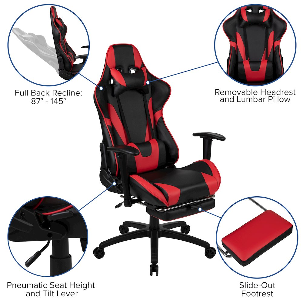 Start2Finish black gaming desk with matching red and black gaming chair and footrest set, featuring sleek modern furniture design.