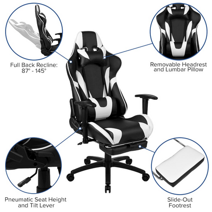 Start2Finish black gaming desk and recliner chair set, featuring a sleek black gaming desk with a matching footrest for ergonomic comfort.