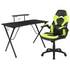 Black gaming desk with a green and black racing chair from Start2Finish, featuring ergonomic design and spacious workspace.