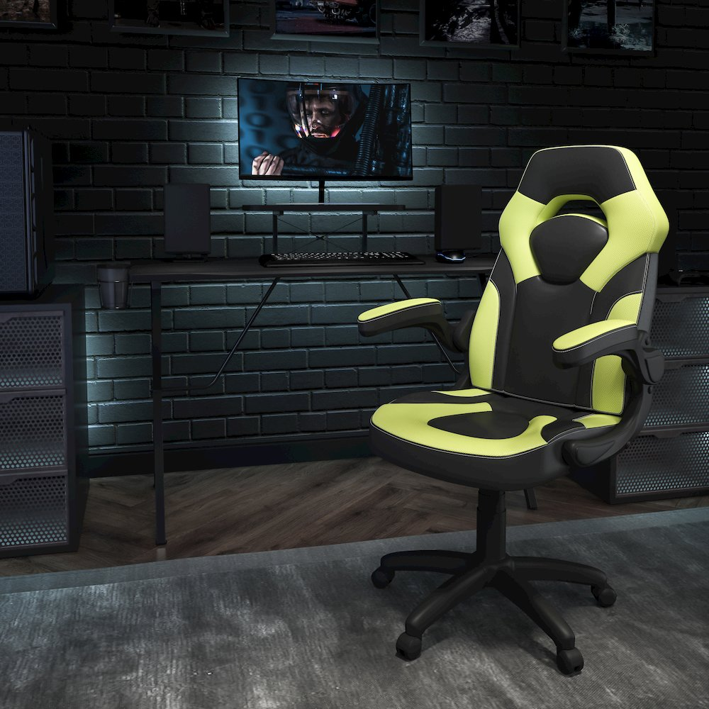 Start2Finish black gaming desk with green and black racing chair set, featuring a spacious surface and ergonomic design.