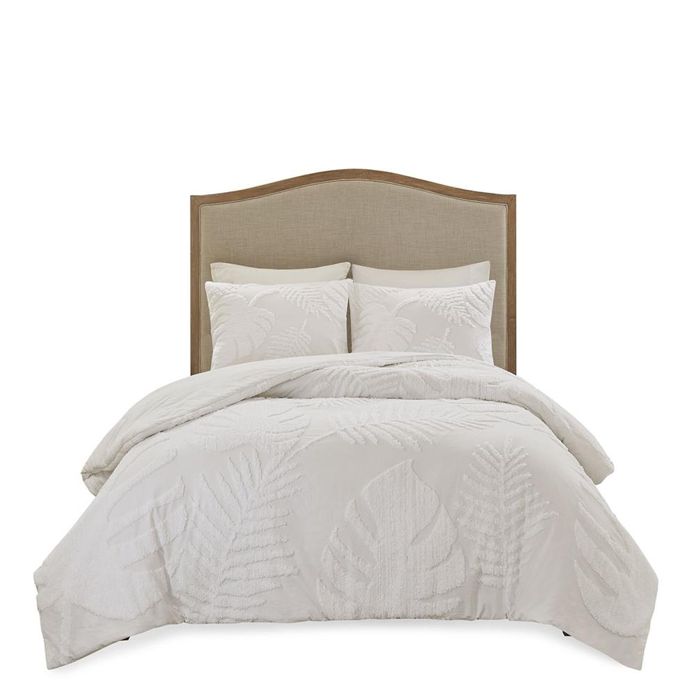 Three-piece tufted cotton chenille Palm Comforter bedding set with matching pillow shams in a soft, textured design.