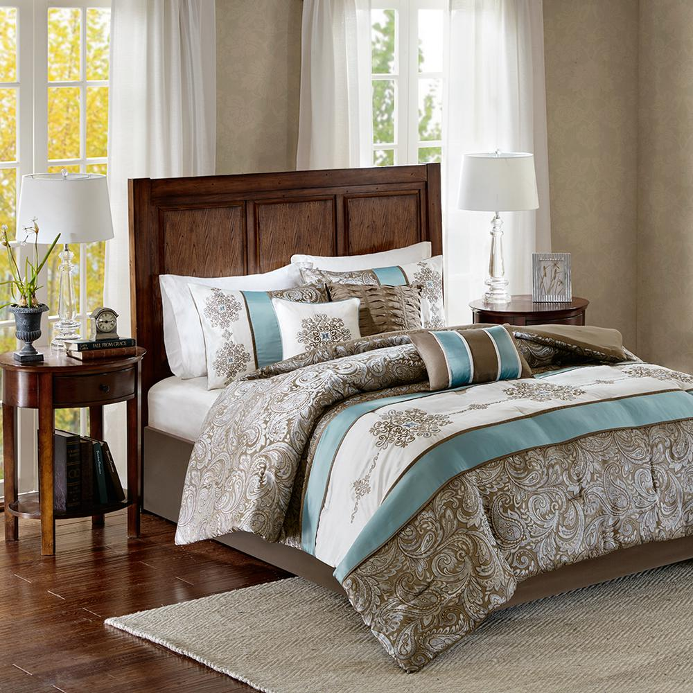 Start2Finish Jacquard 7-piece comforter bedding set with intricate woven design, includes comforter, pillow shams, and sheets.