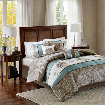 Start2Finish Jacquard 7-piece comforter bedding set with intricate woven design, includes comforter, pillow shams, and sheets.