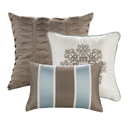 Start2Finish Jacquard 7-piece bedding comforter set with intricate woven pattern and coordinating pillow shams on a neatly made bed.