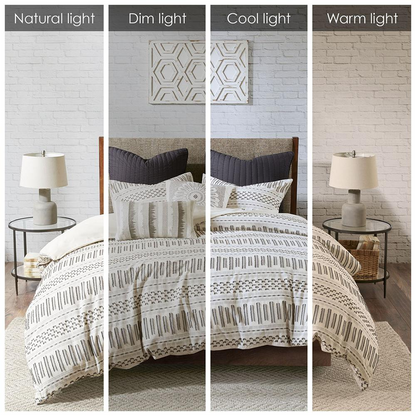 Start2Finish Rhea Cotton Jacquard Duvet Cover Mini Set in ivory and charcoal with intricate woven pattern and matching pillow shams.