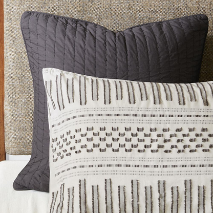 Start2Finish Rhea Cotton Jacquard Duvet Cover Mini Set in ivory and charcoal with intricate woven pattern and matching pillow shams.